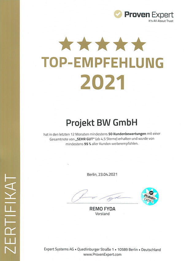 ProvenExpert TOP Empfehlung 2021